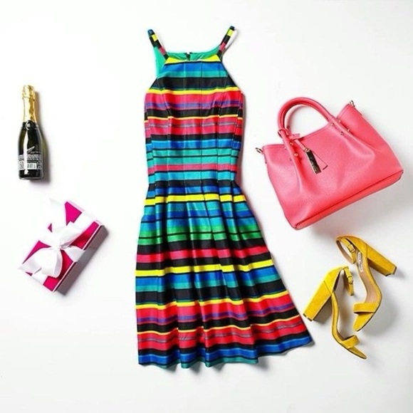 Calvin Klein Rainbow Striped Halter Fit and Flare Dress Small 6 - Picture 3 of 11